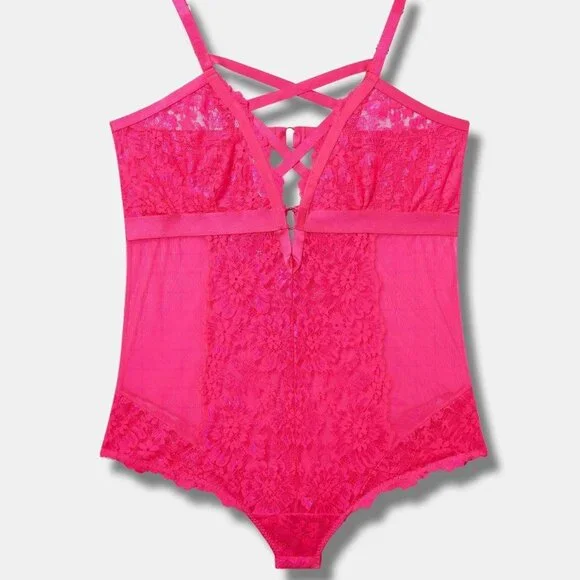 ❤️NWT TORRID LINGERIE HOT PINK BODYSUIT - STRAPPY FLORAL LACE PLUS SIZE - Picture 7 of 10